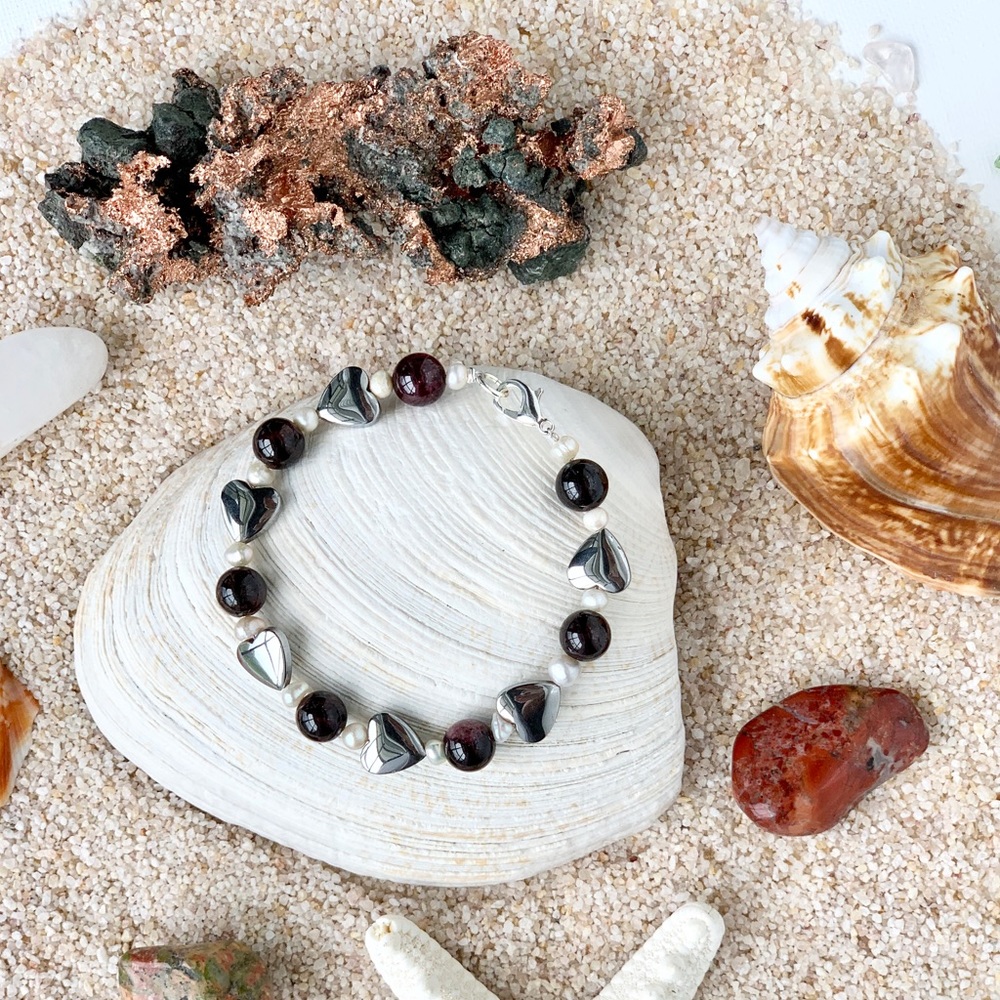 Genuine Garnet & Hematite Heart Bracelet - Guard your Heart